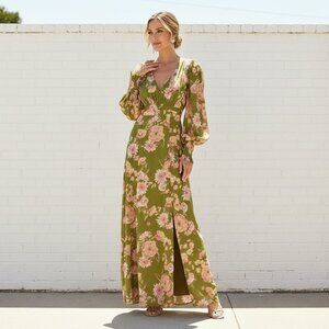 Elegant floral maxi dress - Olive color formal event guest gown